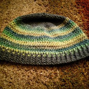 Handmade crochet beanie skull cap grey green yellow hippy hat